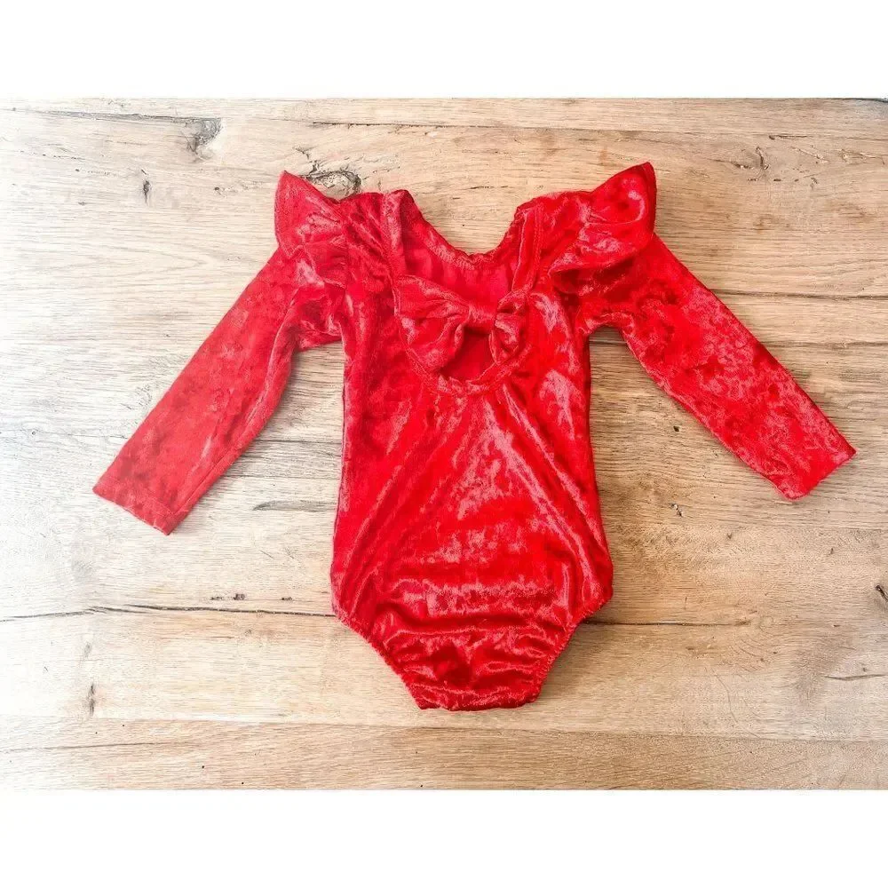 Solid Red Crushed Velvet Long Sleeve Bodysuit with Ruffles, Size 12-18M